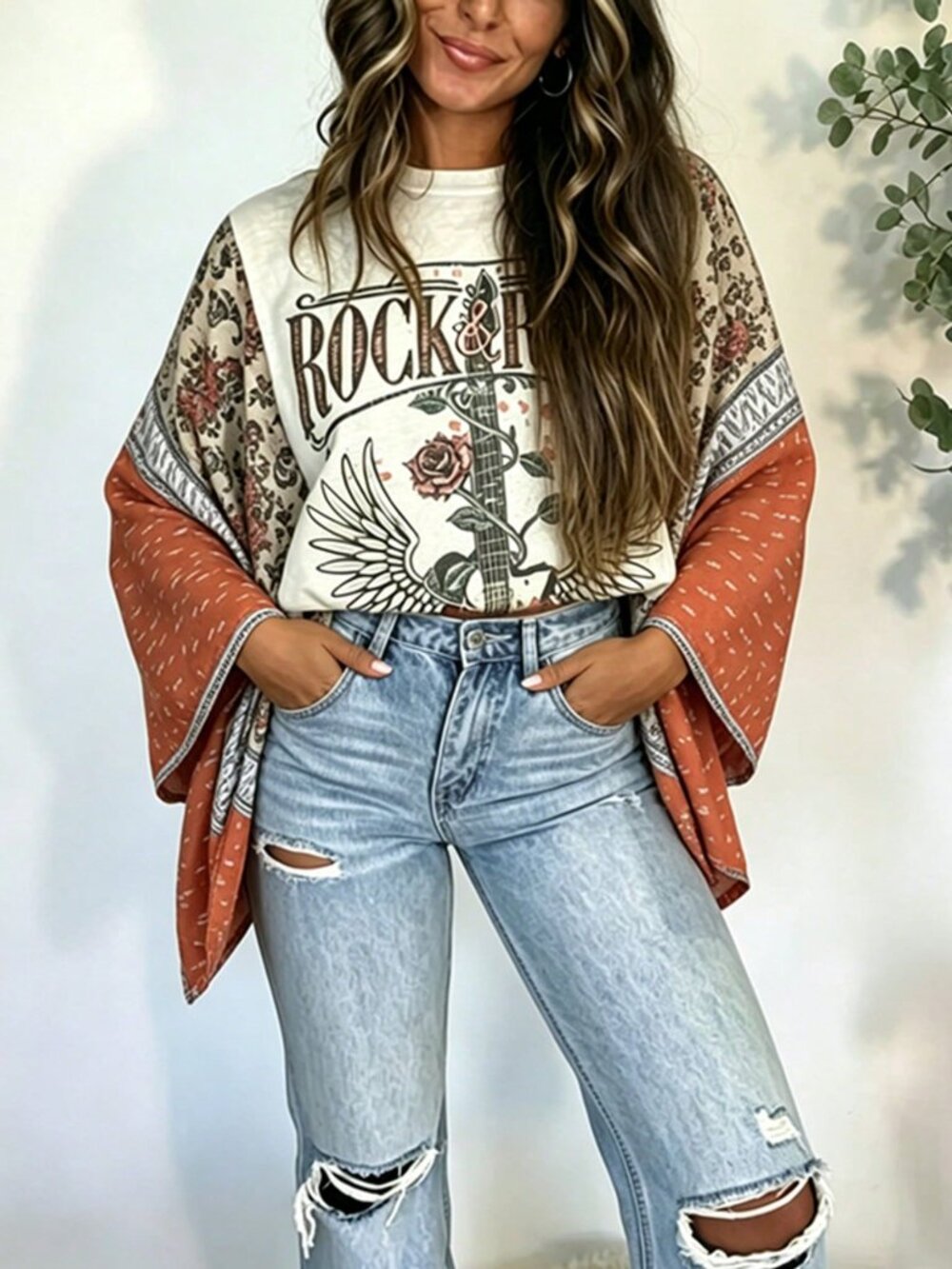 Orange Casual Women's Loose Fit Batwing Sleeve Round Neck Graphic Printed Top - Picture 6 of 6